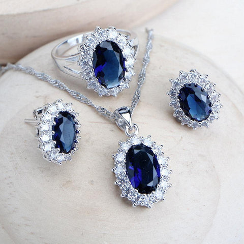 Silver 925 Blue Zirconia   Necklace Earrings Rings Bracelets Pendant Set -JW00194-Veeddydropshipping