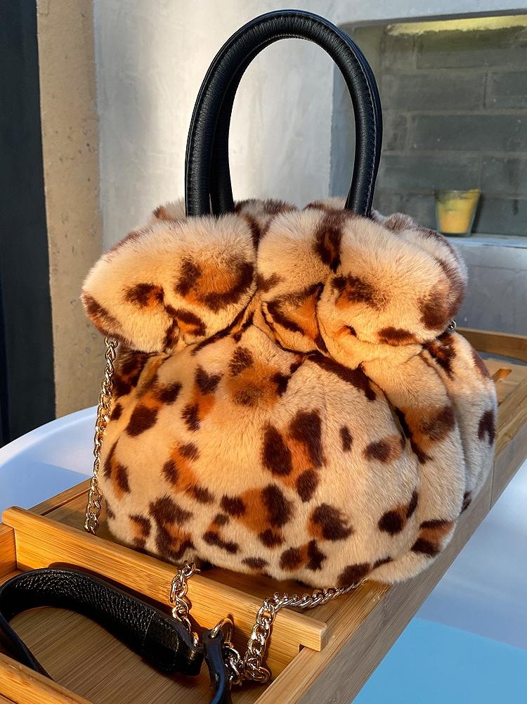 rabbit fur female bag portable fur real hair rabbit hair aslant leopard package-BS00058-Veeddydropshipping