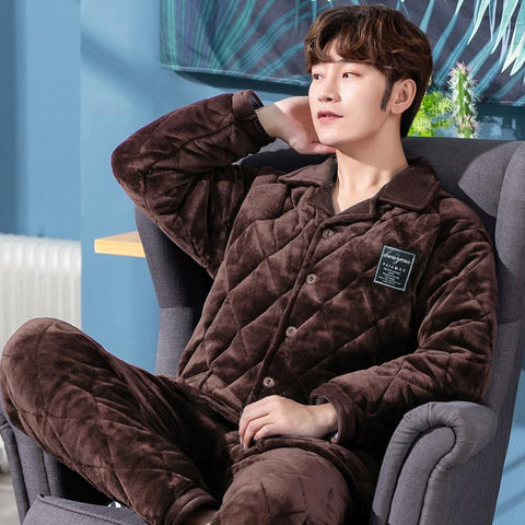 Warm Sleepwear Men&#39;s Flannel Winter Thick Pajamas Long Sleeve Casual-MF01605-Veeddydropshipping