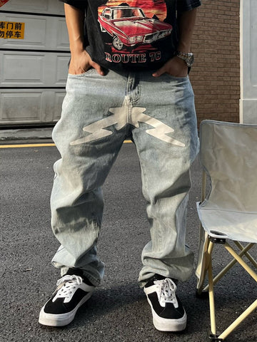 Street Star Print Dark Black Jeans Y2K Retro Design Casual Low-MF00459-Veeddydropshipping