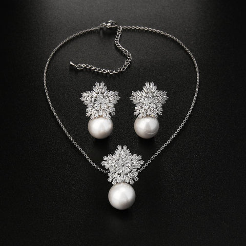 Classic Fashion  Zircon Pearl Earrings Necklaces Jewelry Sets   -JW00365-Veeddydropshipping