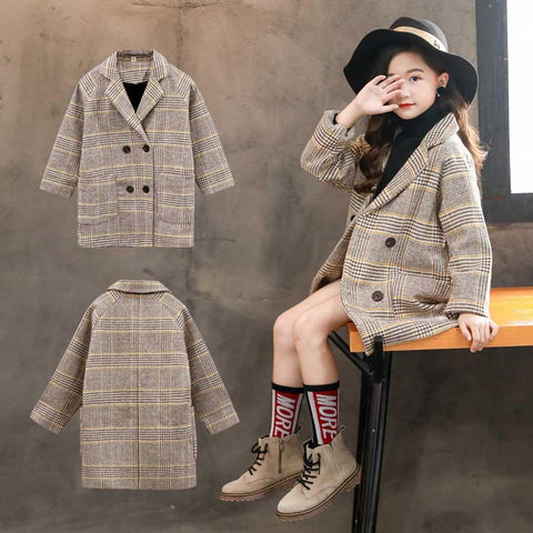 Winter Coat Girls Thick Woolen Jacket Plaid Kids Outerwear-Veeddydropshipping