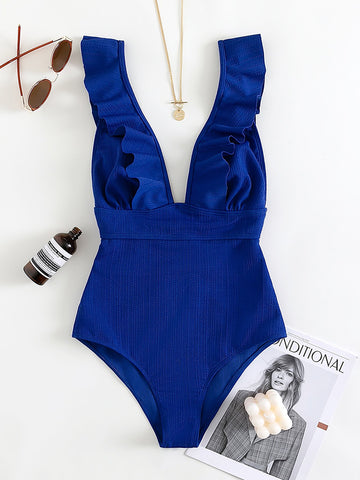 Sexy Ruffle Swimwear Women`s 2022 Deep V One Piece Swimsuit Female Bathing -OS00117-Veeddydropshipping