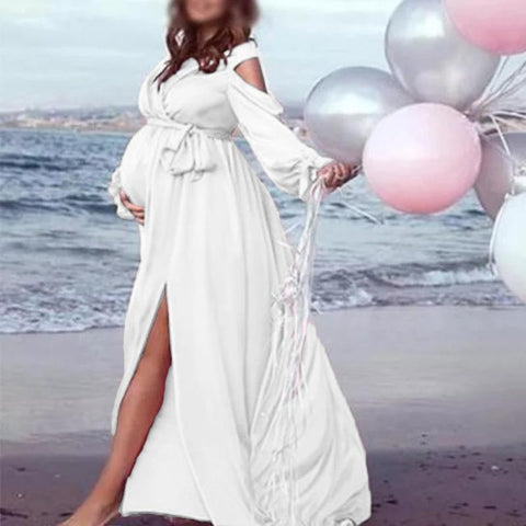 Sexy Split Front Maternity Photoshoot Dress Long Deep V neck Pregnant-TB00621-Veeddydropshipping