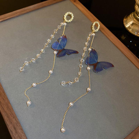 Korean Long Tassel Butterfly Drop Earrings Elegant Pearl -JW01456-Veeddydropshipping