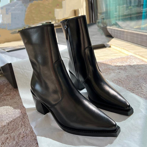 Heel Black Pointed Toe Side Zipper Middle Heel Short Boots-BS00914-Veeddydropshipping