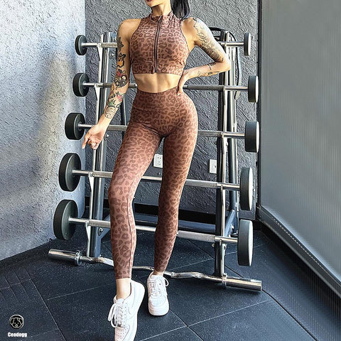 2023 Zipper Leopard Print Sport Gym Yoga Sets Women Sport Bdra Scrunch -OS00916-Veeddydropshipping