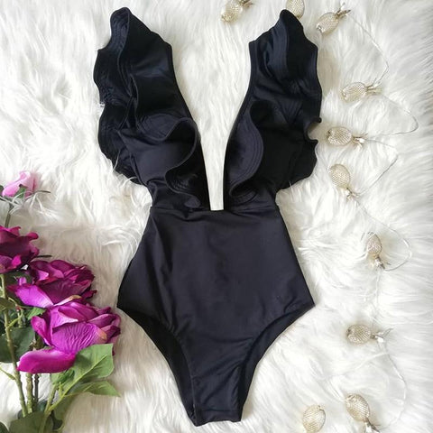 2022 New Print Swimwear Deep V-neck Ruffle Swimsuit Push Up One Piece Swimsuit-OS00066-Veeddydropshipping