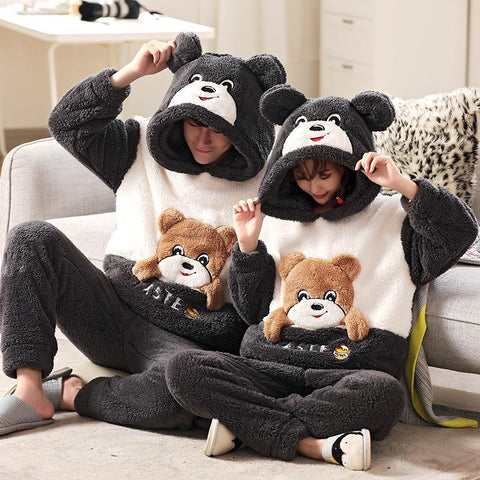 Thicken Warm Pajamas Set For Couple Winter Animal Ears Hoodie Women-MF01583-Veeddydropshipping