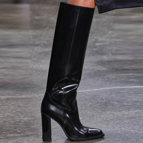 Square Head High Heel Retro Punk Motorcycle Knee Boots-BS00989-Veeddydropshipping