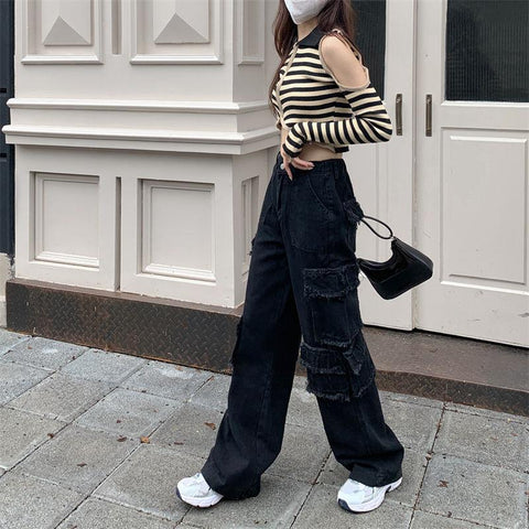 Women Streetwear Cargo High Waist Loose Straight Pants-WF00397-Veeddydropshipping
