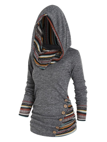 Tribal Geometric Stripe Panel Hooded Knit Top Long Sleeve-Veeddydropshipping