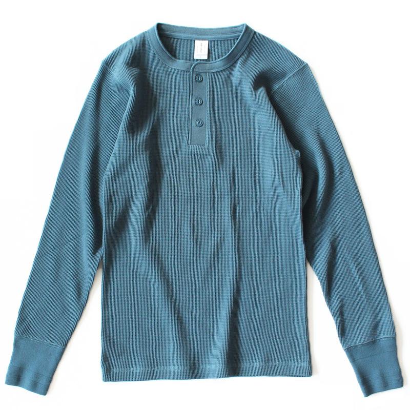 Thick American vintage khaki sweater shirt Waffle cotton Henry collar long sleeve-Veeddydropshipping