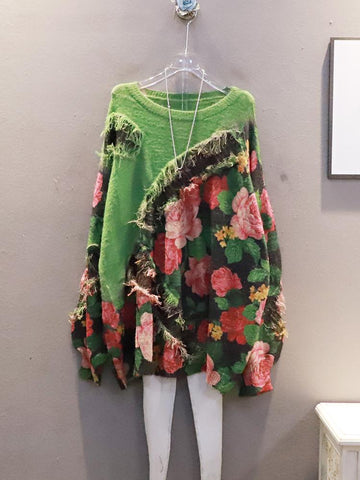 Fashion Knitting Sweater Contrast Color Splicing Irregular Tassel-WF00218-Veeddydropshipping