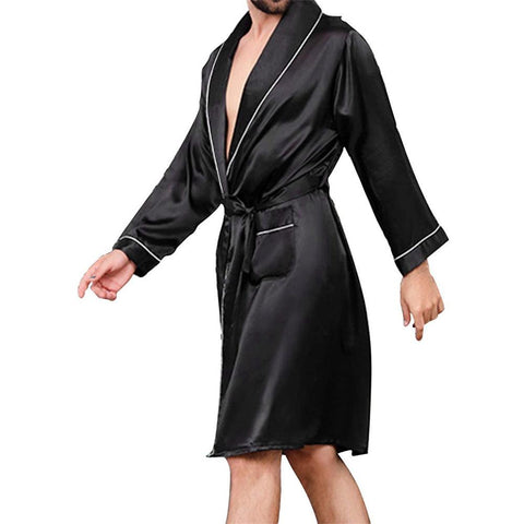 with Belt Adults Contrast Color Long Sleeve V-neck Night Robe with-MF01663-Veeddydropshipping