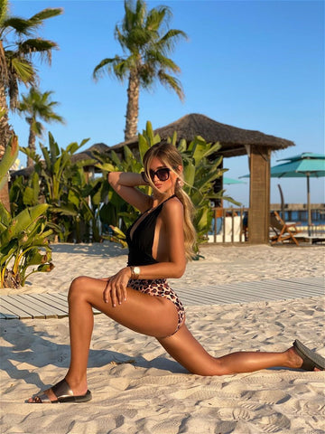 Leopard Print Plunge Halter V-Neck Colour Block One-Piece Swimsuit Cover  Belly -OS00237-Veeddydropshipping