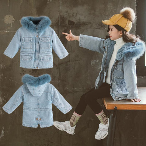 Girls Winter Denim Jackets fur Collar Outerwear-Veeddydropshipping