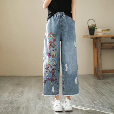 High Street Style Floral Embroidery Bleached Denim Pants-WF00489-Veeddydropshipping