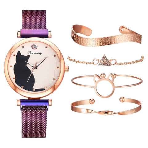 Fashion Watch Set 5pcs Quartz Wristwatch Mesh Bracelet Cat-JW00930-Veeddydropshipping