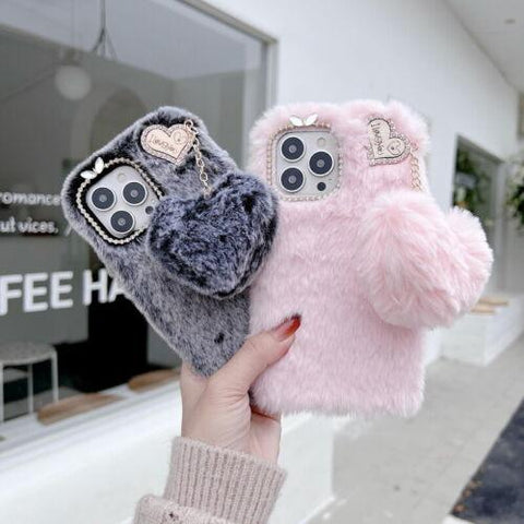 For iPhone 14 13 12 11 Pro Max XS XR 8 Love Heart Plush Silicone Soft Case Cover-PA00157-Veeddydropshipping
