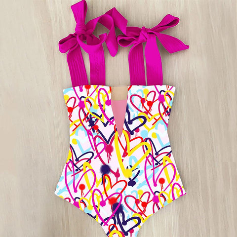 2022 New Sexy One Piece Swimsuit Shoulder Strappy Swimsuit Heart print Swimwear -OS00129-Veeddydropshipping
