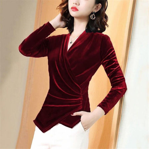 New Women Long Sleeve Velvet T-shirts V-neck Slim-Veeddydropshipping