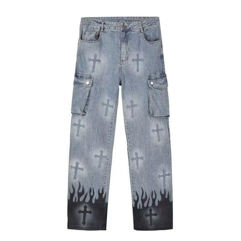 cross print washed jeans men ins trend retro loose-MF00575-Veeddydropshipping