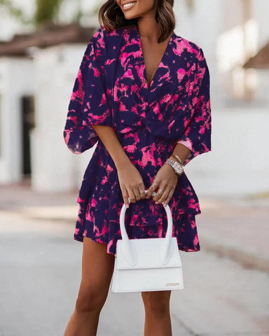 Fashion Printing Sexy V-neck Loose Bat Sleeve Dress-WF00060-Veeddydropshipping