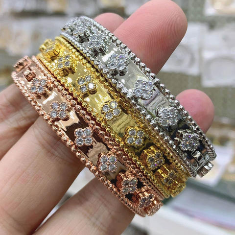 jewelry Classic  zirconia Four-leaf Flower Bracelet Ring set  -JW00361-Veeddydropshipping