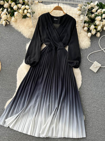 Gradient Pleated Dress for Women V Neck Long Sleeve-Veeddydropshipping
