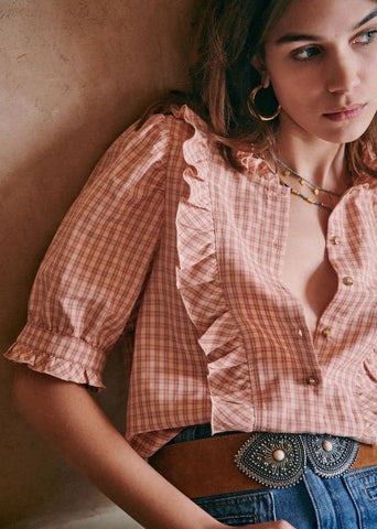 Retro Plaid Single-breasted Shirt Puff Sleeve Ruffled Round Neck-WF00288-Veeddydropshipping