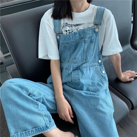 Large Loose Pockets Student Denim Suspender Pants-WF00367-Veeddydropshipping