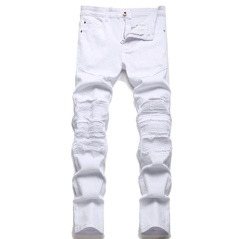 Biker Jeans Pants Slim Fit Pleated Motocycle Denim Trousers-MF00626-Veeddydropshipping