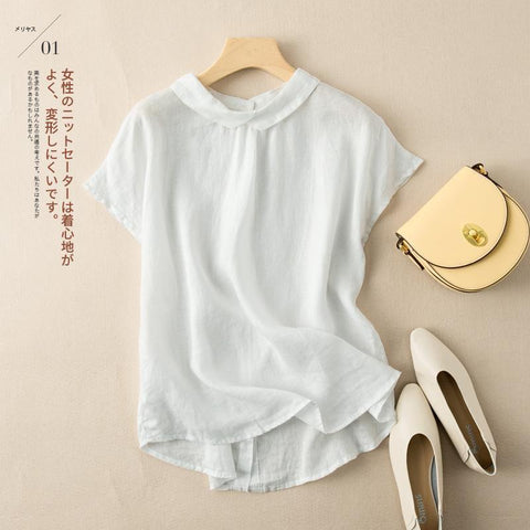 Short-sleeved Cotton Top Vintage Turn-down Collar Solid Shirt-Veeddydropshipping