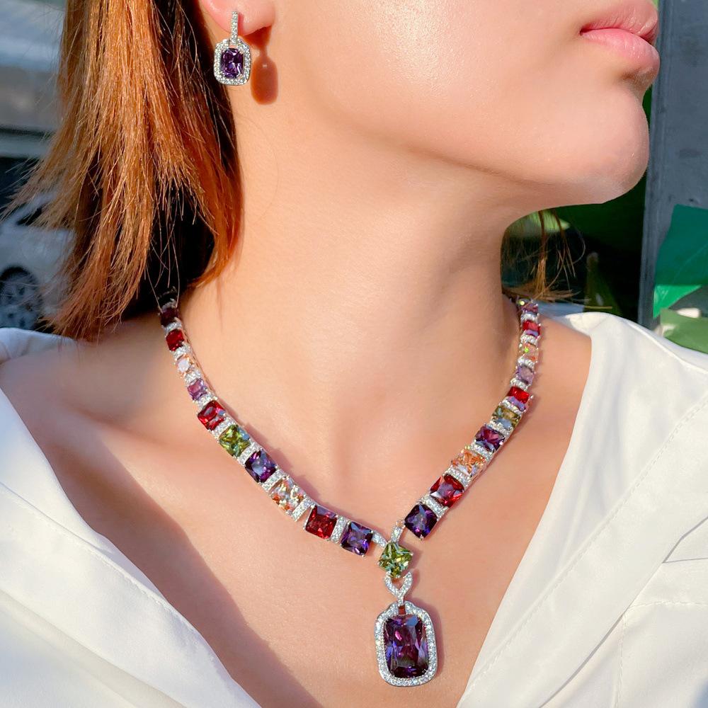 Trendy Colorful  Diamond Jewelry set White Gold Earrings Necklace -JW00188-Veeddydropshipping