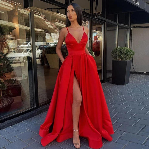 Sexy V Neck Satin Evening Dresses-WF01553-Veeddydropshipping