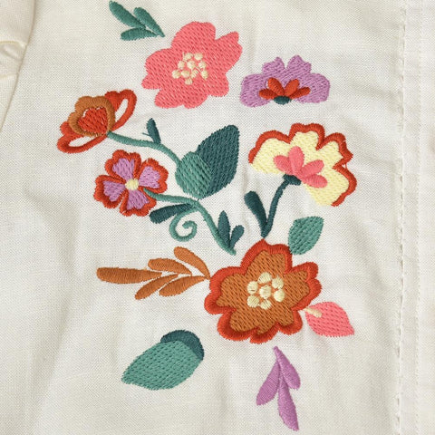 Embroidered Flower Short Sleeve Ladies Puff Sleeve Round Neck-WF00282-Veeddydropshipping