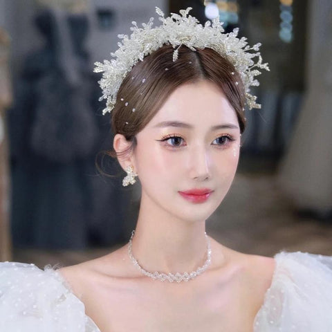 white crystal handmade beaded rhinestone bridal crown  -JW00465-Veeddydropshipping
