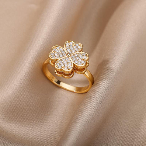 Zircon Rotatable Four Leaf Clover Rings For Women -JW00033-Veeddydropshipping
