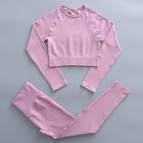2 Piece Yoga Set Gym Clothing Women&#39;s Threaded Tracksuit Crop Top Bra High -OS00630-Veeddydropshipping