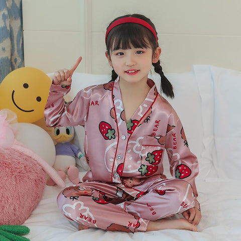 V -neck Kids Pyjamas Set Silk Satin Tops Pant Spring Autumn Childrens-TB01049-Veeddydropshipping