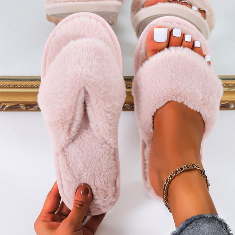 Slippers Rabbit Plush Cross-strap Cotton Sandalias Women-BS01174-Veeddydropshipping