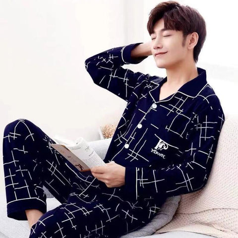 Cotton Pajama Sets for Men Short Sleeve Long Pants Sleepwear Pyjama-MF01591-Veeddydropshipping