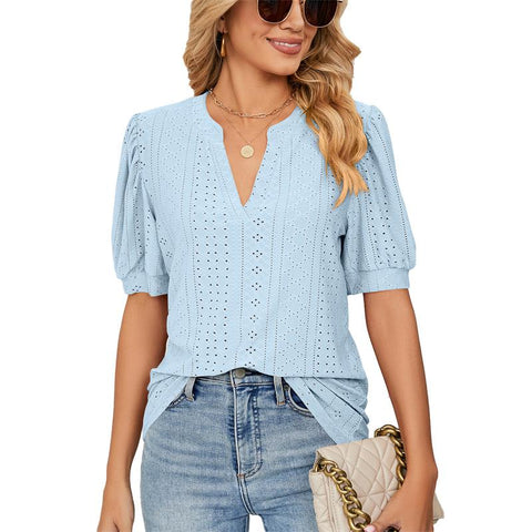 Hollow Out V Neck T-Shirt Women Puffy Sleeve-Veeddydropshipping