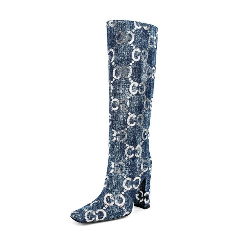 Knee Length Women&#39;s Boots Fashion Sequins Denim-BS00971-Veeddydropshipping