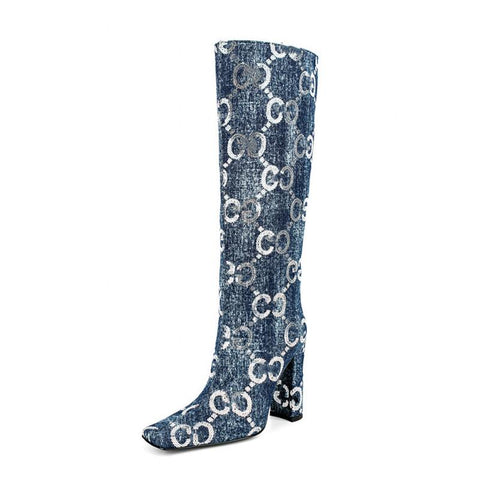 Knee Length Women&#39;s Boots Fashion Sequins Denim-BS00971-Veeddydropshipping