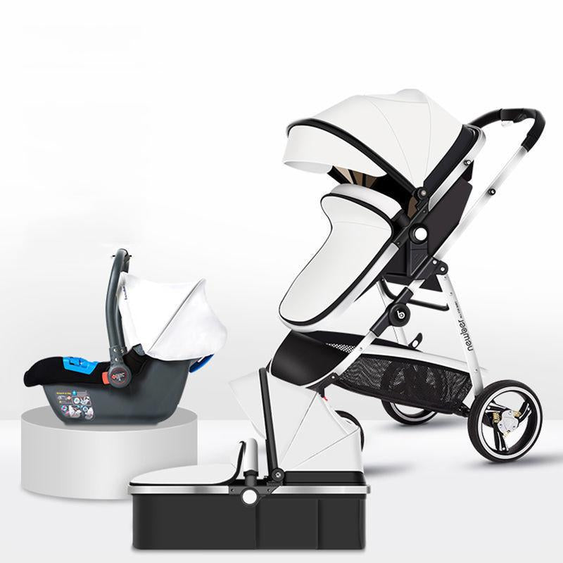 Baby Stroller 3 In 1,White PU leather stroller,Baby Carriage with Car Seat,High-TB00369-Veeddydropshipping