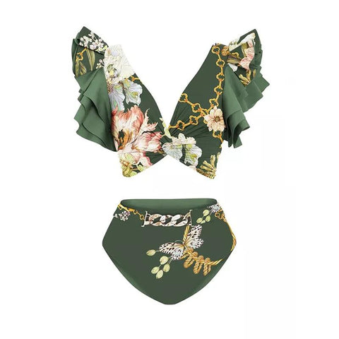 Fashion Printed High Waist Bikini Ruffled Shoulder Strap Hollow Swimsuit -OS00044-Veeddydropshipping