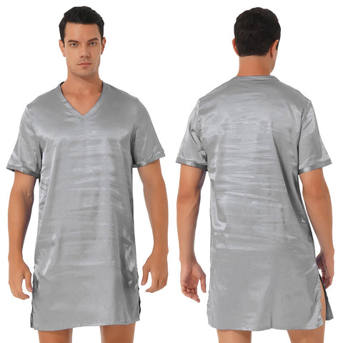 Sleep Tops V Neck Short Sleeve Sleepwear Soft Nightclothes Sides Split-MF01607-Veeddydropshipping