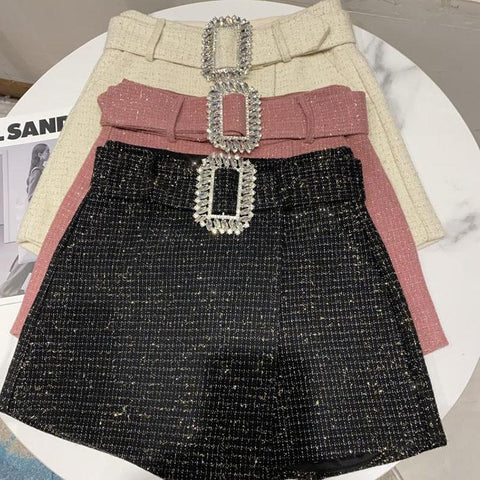 Rhinestone Silk Tweed Folding Short Women-WF00560-Veeddydropshipping